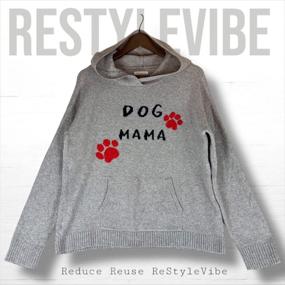 LOU & GREY Women’s Size M Sweater Pullover Hoodie Knit DOG MAMA Pawprint Stretch